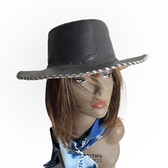 Black Leather Hat Silver Laced Edge Outback Southwestern - Picture 1 of 9
